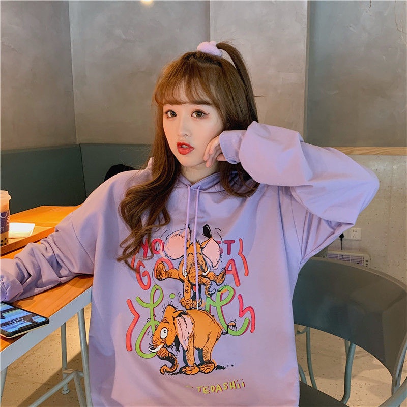 ZHELIHANGFEI Áo Hoodie Dáng Rộng In Họa Tiết Hoạt Hình Xinh Xắn