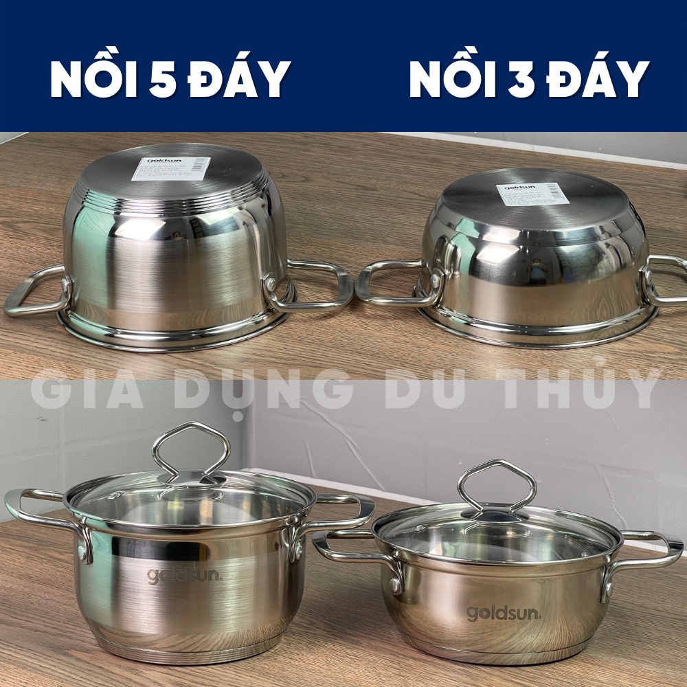 Bộ nồi inox 5 đáy nắp kính Goldsun cao cấp hàng chính hãng, inox sáng bóng, vung kính trong suốt chịu nhiệt