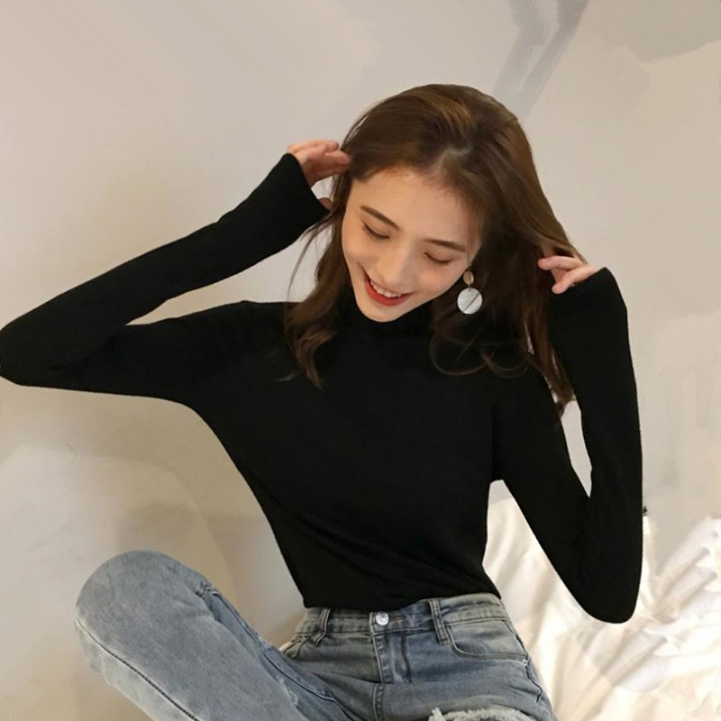 2020 autumn half high neck slim fit autumn and winter bottoming shirt all-match long-sleeved T-shirt women clothes top | BigBuy360 - bigbuy360.vn