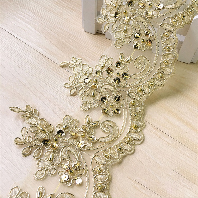 Vải Ren Thêu Đính Kim Sa Màu Vàng Đồng 1Yard Rộng 13CM Dùng May Đầm Khiêu Vũ DIY