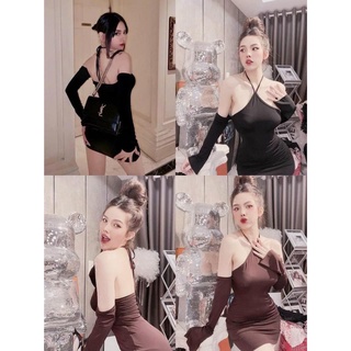Đầm body cổ yếm cách điệu tay dài