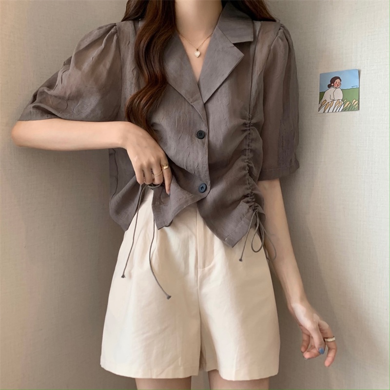 Áo sơ mi IELGY tay lửng cổ polo phối dây rút thời trang tùy chọn màu sắc dành cho nữ