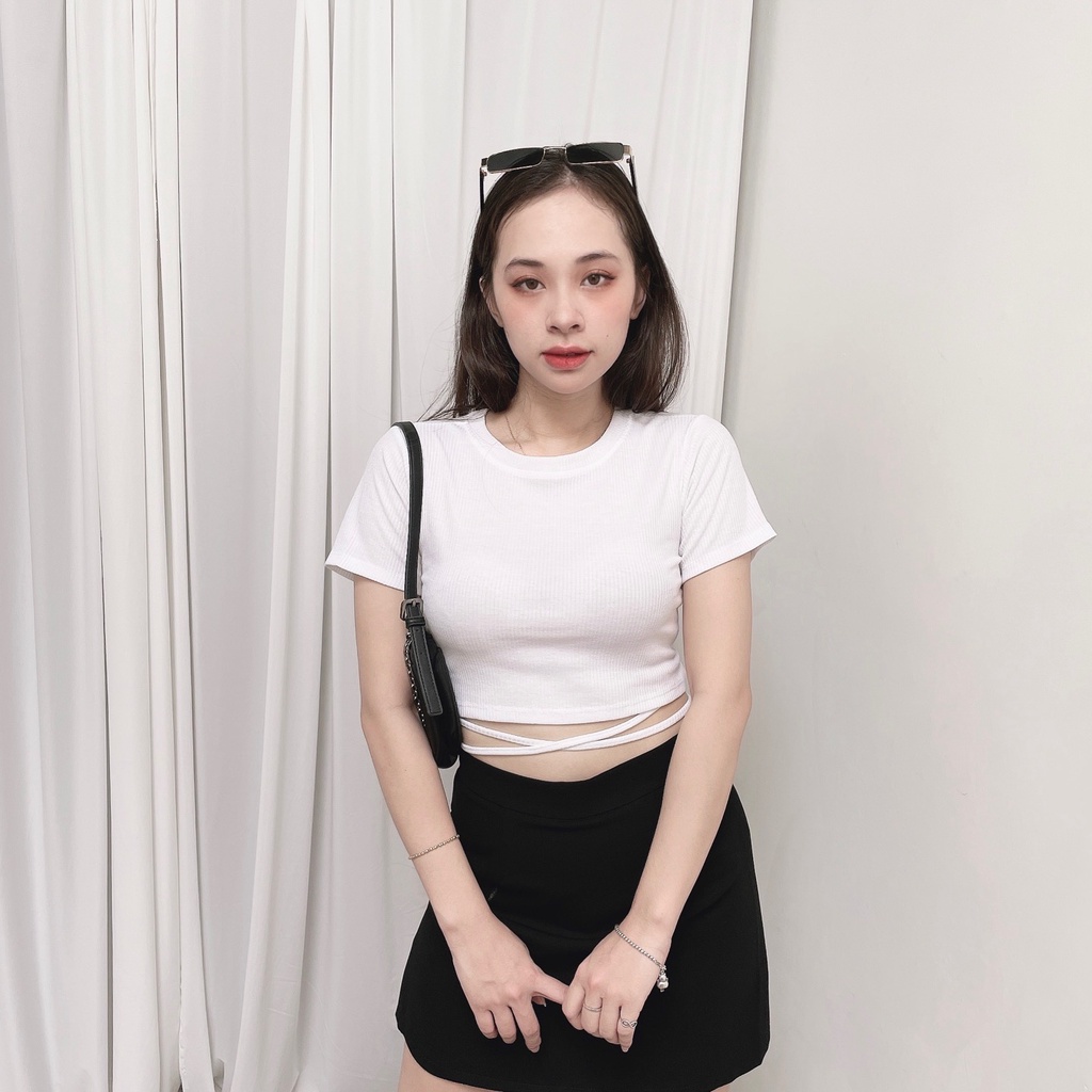Áo croptop nữ kiểu ôm tay ngắn cổ tròn thun body buộc dây bigsize VAVASA CT14