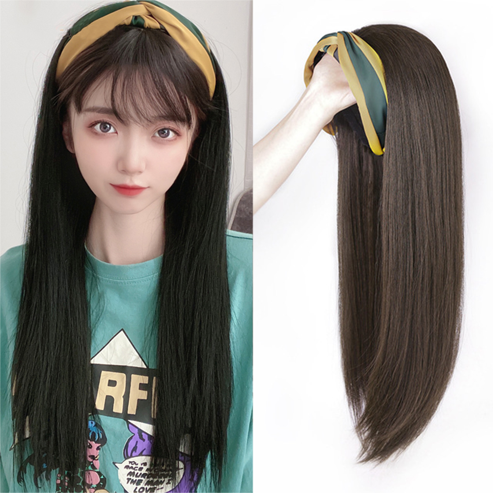 Tóc Giả Nữ Dài Thẳng Màu Đen Tự Nhiên Kèm Băng Đô