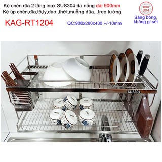 Kệ úp chén dĩa 2 tầng 90cm đa năng inox 304, kệ chén dĩa 2 tầng inox kag-rt1204