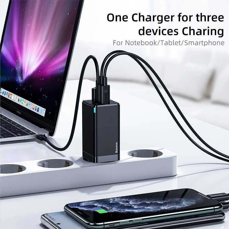 Bộ Sạc Nhanh 65W Cho Laptop Mac iP Sam. Baseus GaN 3 Pro 3 Cổng Sạc / Tặng Cáp Typ 100W