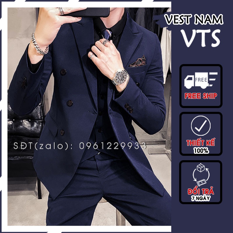 Vest nam cao cấp màu xanh than 6 cúc kiểu dáng Hàn Quốc, form ôm đẹp. Vải nhập khẩu cao cấp, 2 lớp