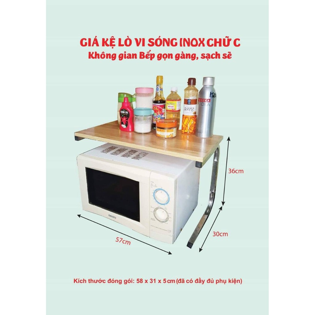 Kệ Lò Vi Sóng 2 Tầng Mặt Gỗ Chân Chữ C Inox 304 Cao Cấp