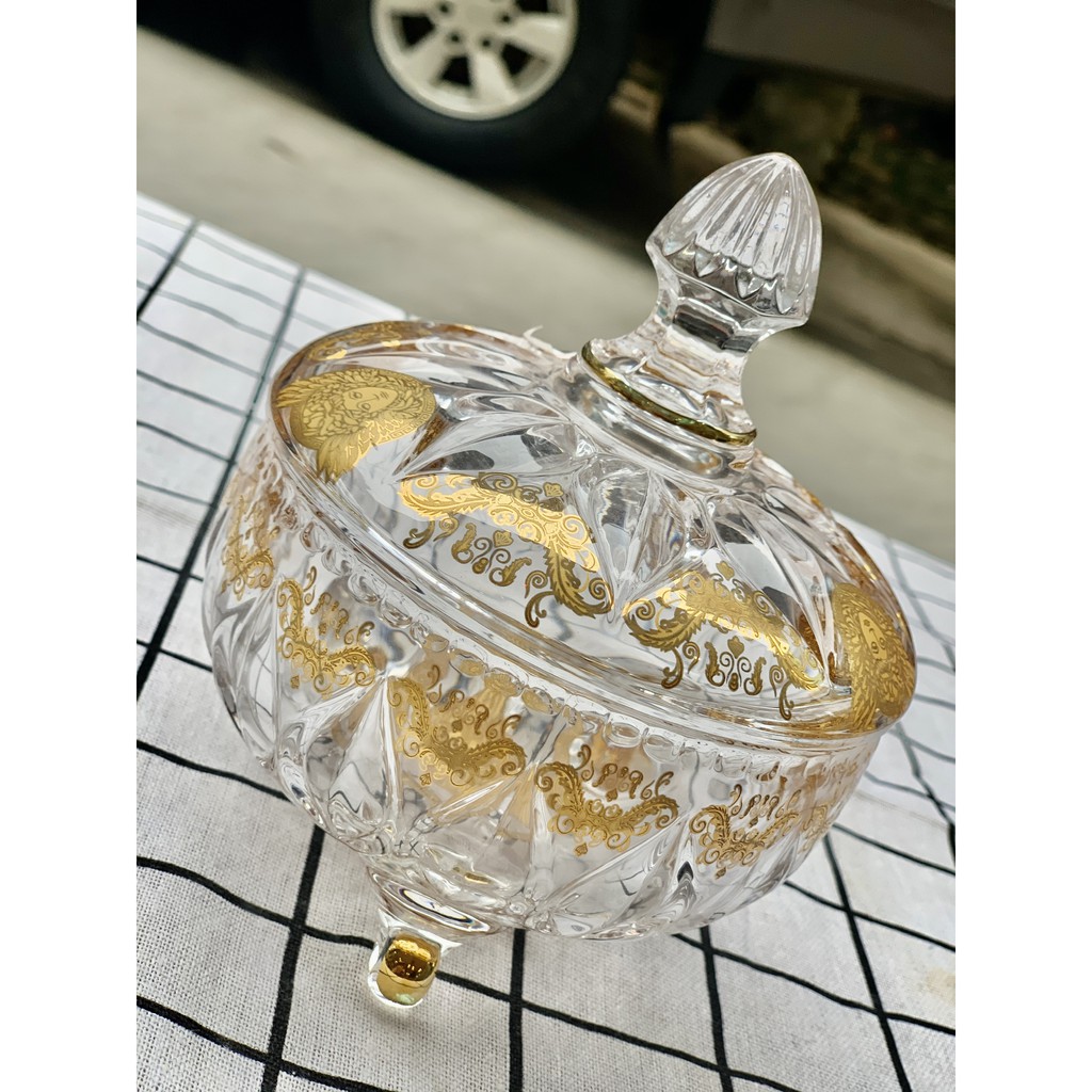 [Sỉ] Âu thố hũ pha lê có chân mạ vàng có nắp đậy đựng ô mai mứt bánh kẹo sang trọng cao cấp dày dặn đẹp M3