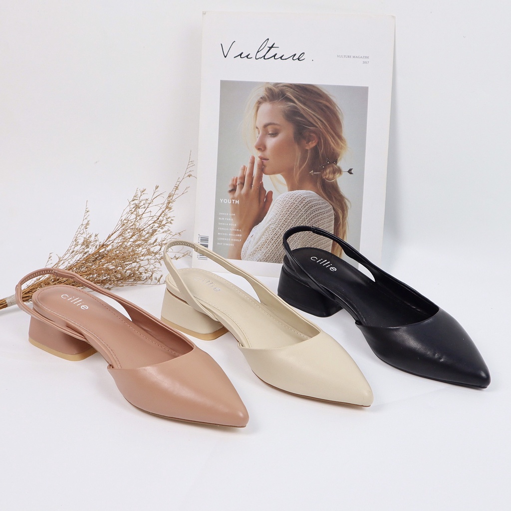 Giày cao gót slingback nữ mũi nhọn thanh lịch gót vuông cao 4cm đi chơi dạo phố đi làm Cillie 1041