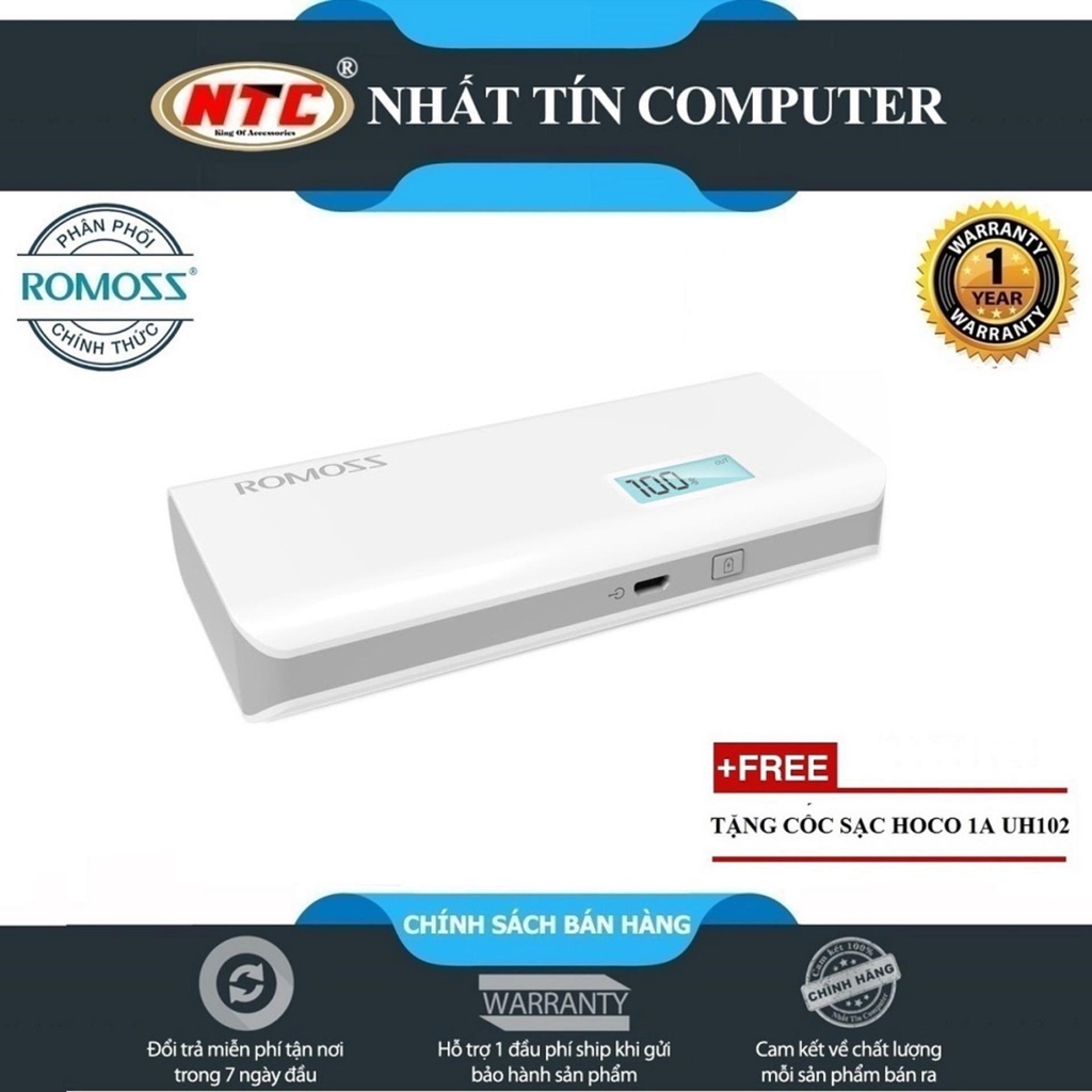Pin sạc dự phòng Romoss Sense 4 Plus 10400mAh (trắng) + tặng kèm cốc sạc Hoco UH102 - Hãng phân phối chính thức