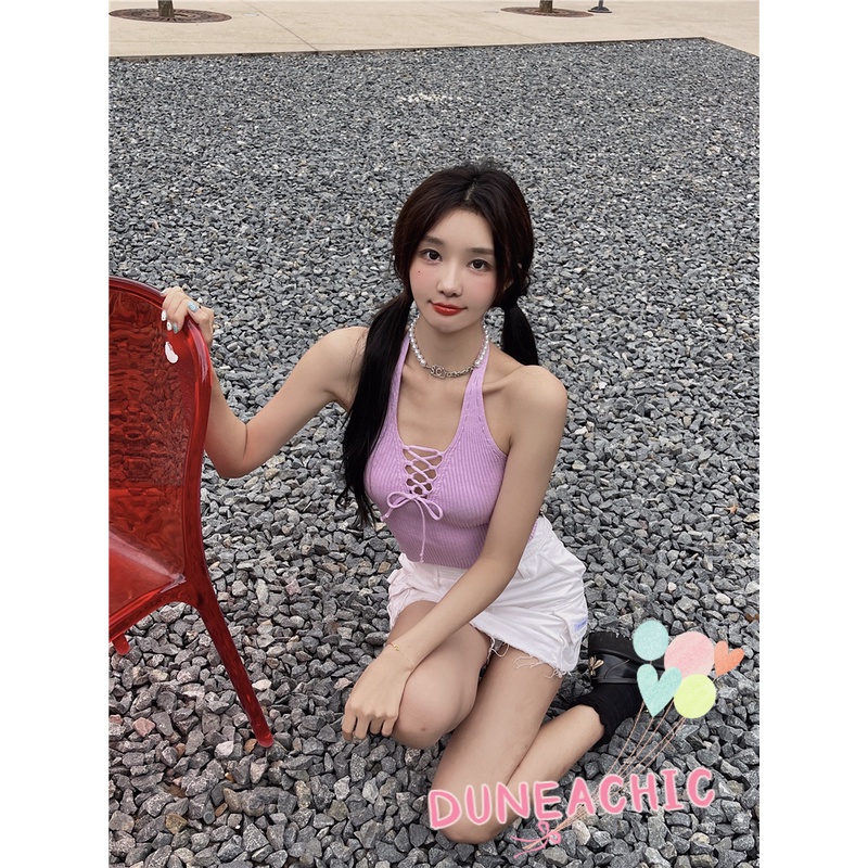 DUNEA Áo Tank Top Dệt Kim Cổ Chữ V Hở Lưng Màu Trơn Quyến Rũ