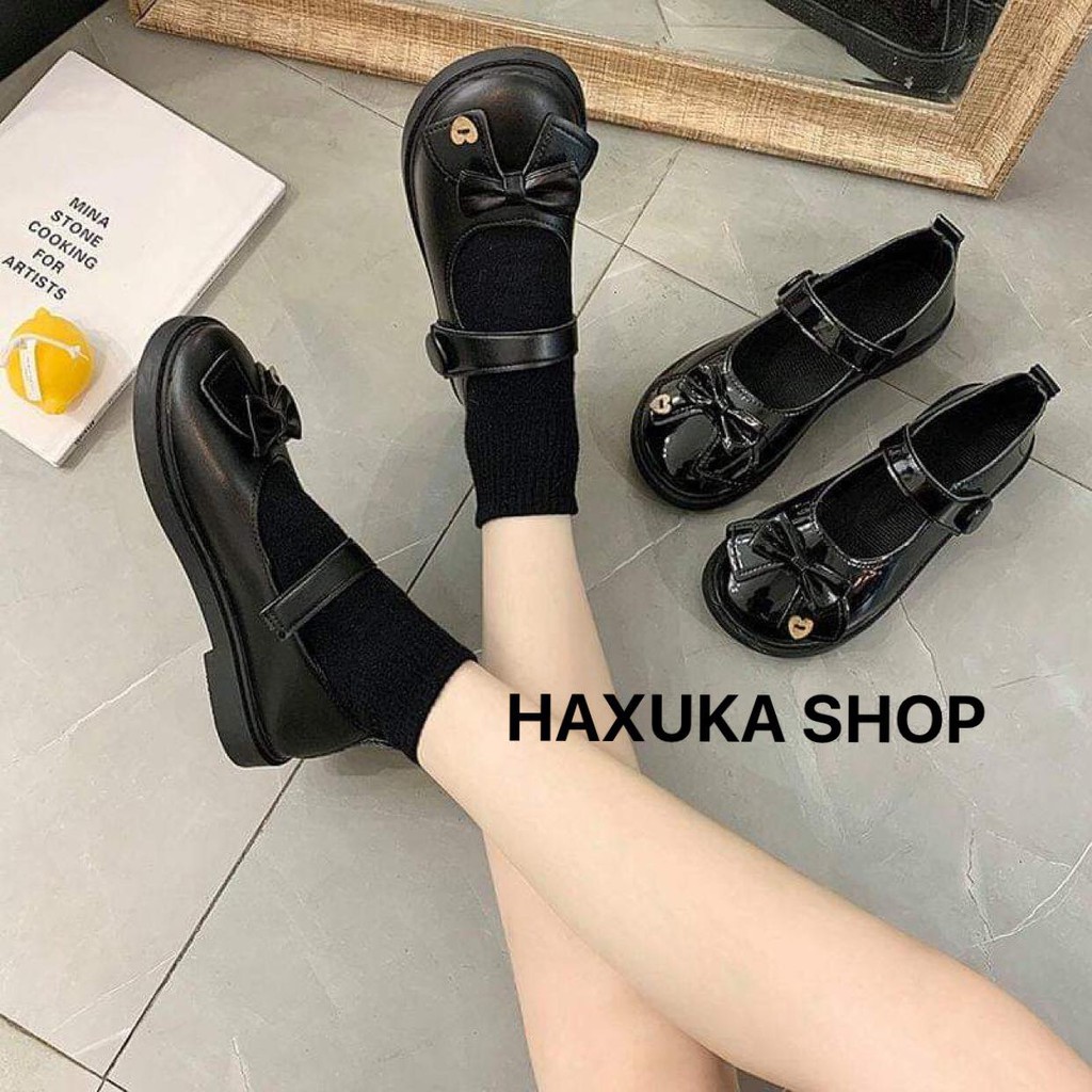 (ORDER) Giày da Retro đế bắng cài quay gắn nơ hai màu Đen Nhám và Đen Bóng