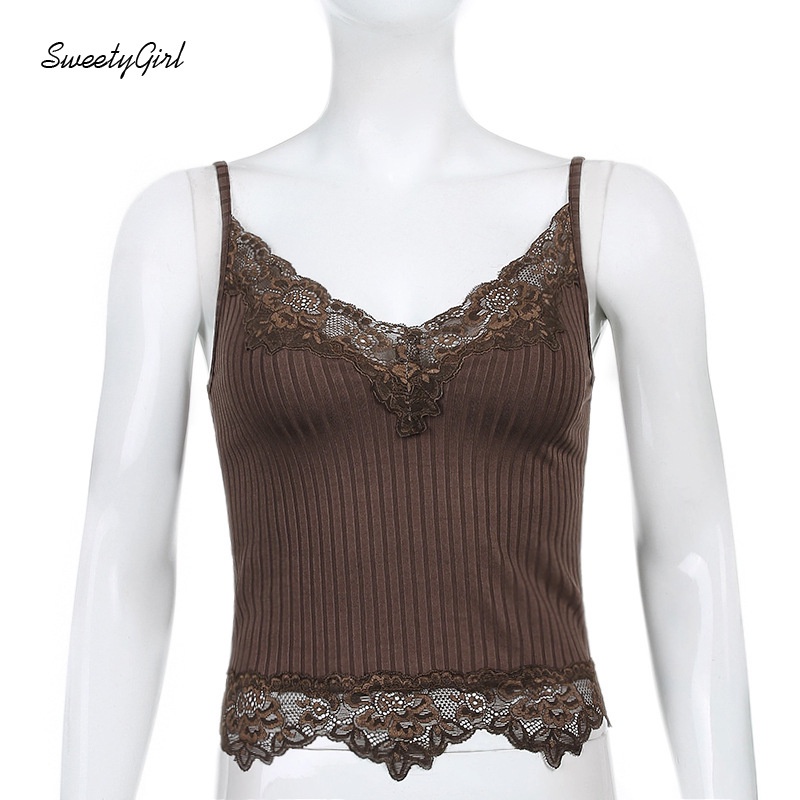 Áo Tank Top Hai Dây Cổ Chữ V Viền Ren Màu Trơn Thời Trang Đường Phố Cho Nữ