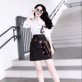 Sét bộ áo sơ mi in 3d + chân váy tuyết mưa xinh iu