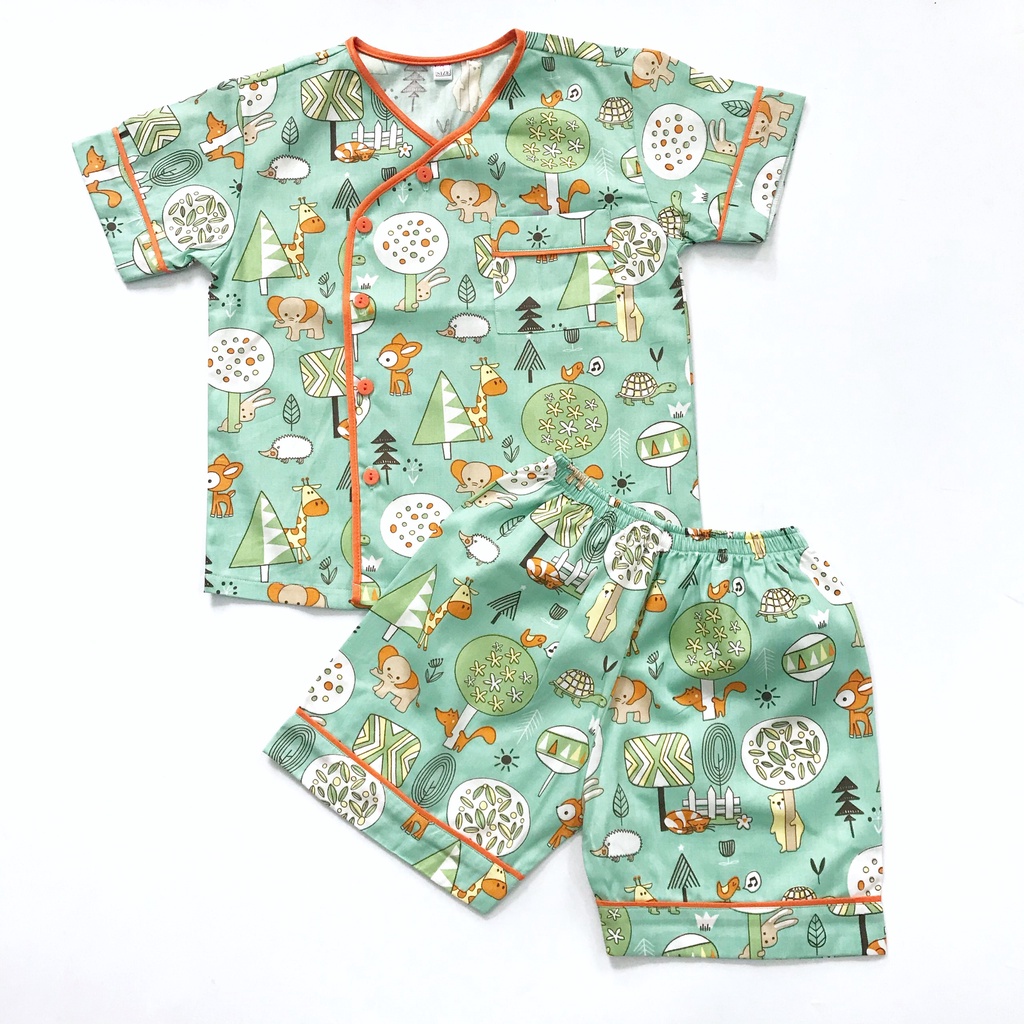 Bộ Pijama đùi cho bé vải Thô cotton mịn đẹp thoáng mát hút mồ hôi hình Các con thú size 10-45kg