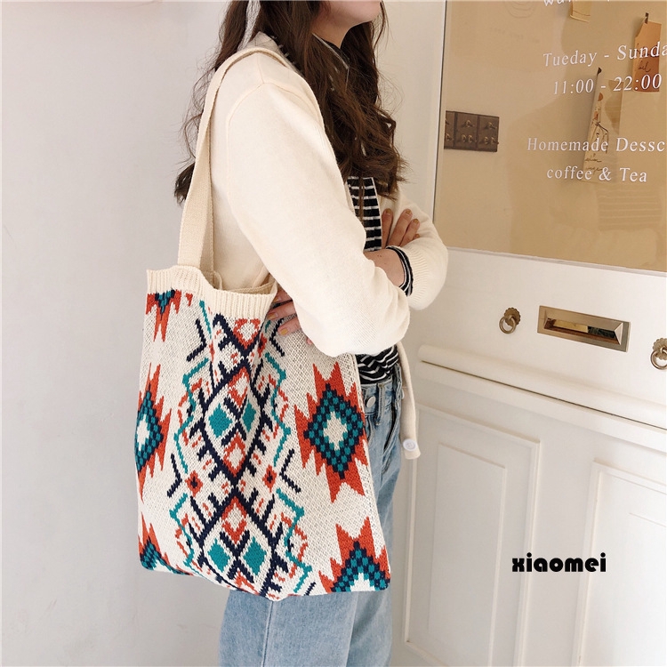 【Insfree】Student Knitted Handbag Tote Bag Wool Shoulder Cloth Bag Ins Recommended