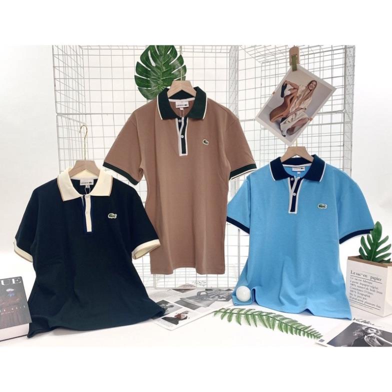 ♘™■Áo Lacoste polo cotton cá sấu xuất xịn, cổ bẻ viền màu form unisex nam nữ mix đồ bao sang Đẹp
