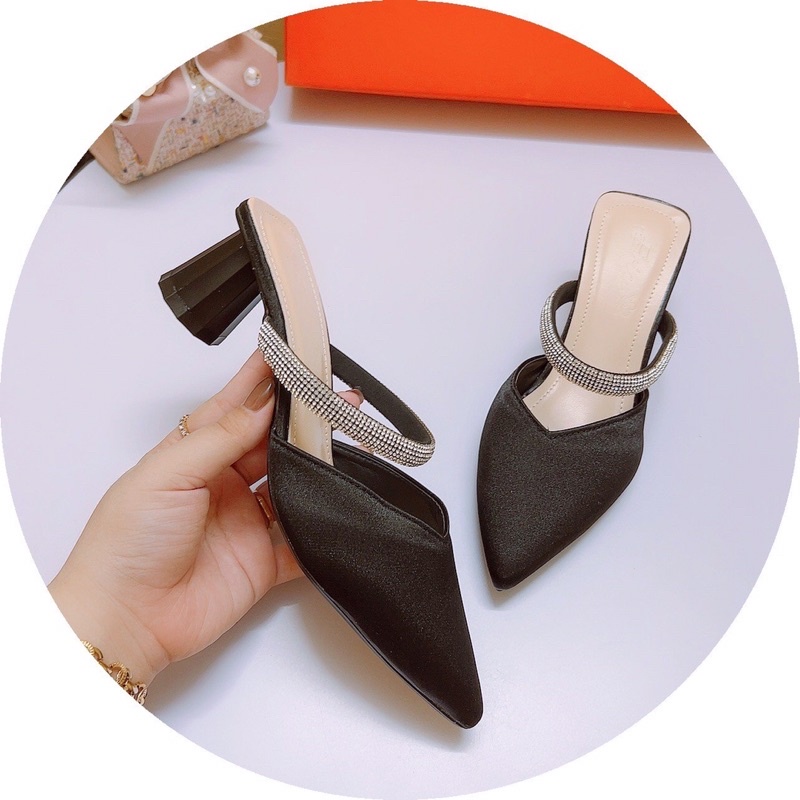 Bán Sỉ-Guốc sục mũi nhọn lụa bóng phối quai đá gót trụ 5cm siêu sang chảnh