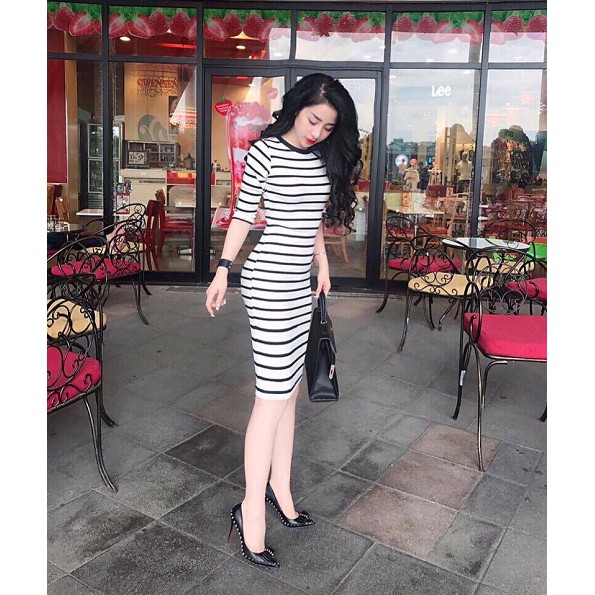 ĐẦM BODY THUN 4 CHIỀU KẺ SỌC NGANG TAYDÀI