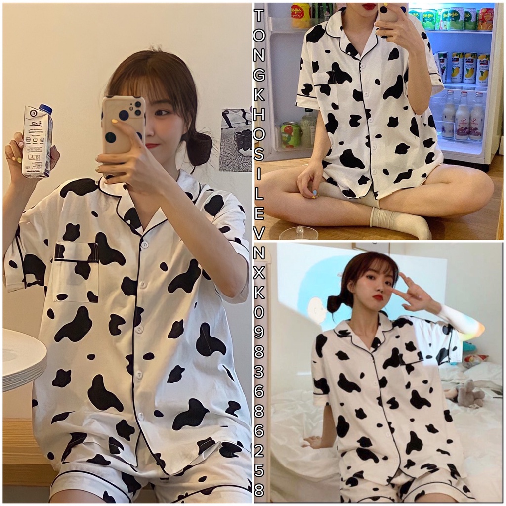 Bộ Ngủ Pyjama Bò Sữa Form Rộng Nam Nữ Unisex Chất Đũi - Set Áo Pijama Cổ Bẻ Quần Short Hàng Đẹp