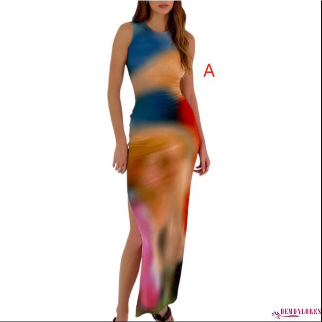 Đầm Dài Không Tay Cổ Tròn Họa Tiết Màu Nhuộm Thời Trang Mùa Hè Cho Nữ