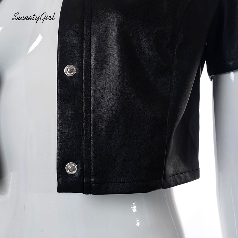 Áo Sơ Mi Tay Ngắn Cổ Bẻ Cài Nút Chất Liệu Da PU Dáng Ôm Màu Trơn Thời Trang Cho Nữ