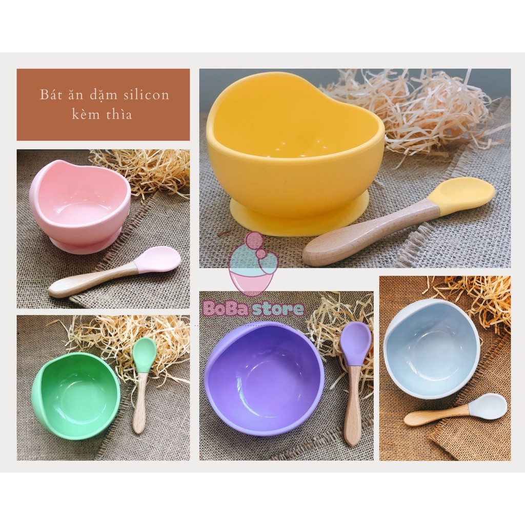 Bộ bát ăn dặm silicone cho bé kèm thìa (có đế chống dính)