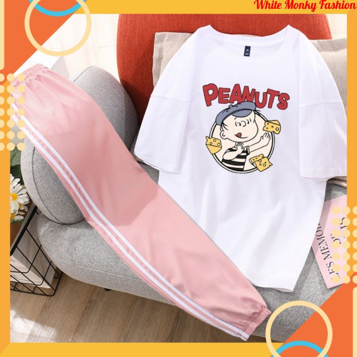 Sét Bộ Đồ Nữ Mùa Hè Mặc , Áo Thun Nữ Cotton In Cậu Bé Và Những Con Vật Cute Mix Quần Thun Bo Gấu Kẻ Phong Cách Hàn Quốc