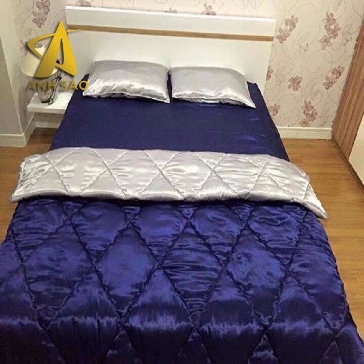 Bộ Chăn Drap Lụa Cao Cấp Ánh Sao Mềm Mịn - Xanh phối Bạc 1m6x2m/1m8x2m - Mền lồng lớp bông mỏng có chân chỉ hình thoi