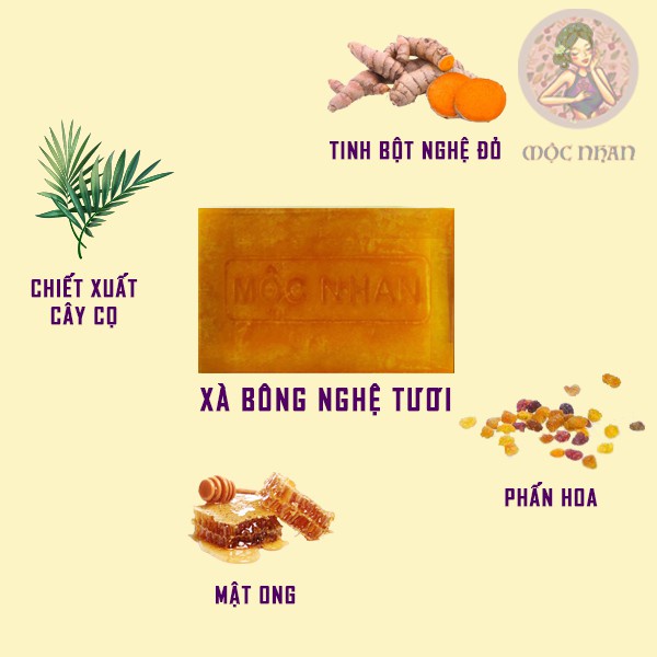 Xà bông nghệ, Xà bông mướp đắng, Mộc Nhan Natural, giảm mụn lưng, mờ thâm, da trắng hồng, mocnhanvn