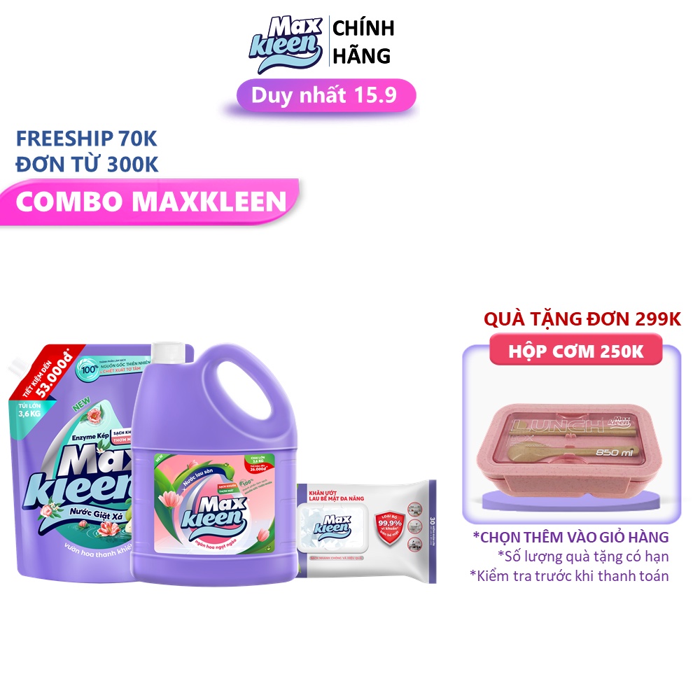 Combo Túi nước giặt xả thiên nhiên 3.6kg + Chai nước lau sàn ngọt ngào 3.6kg + Khăn lau đa năng MaxKleen