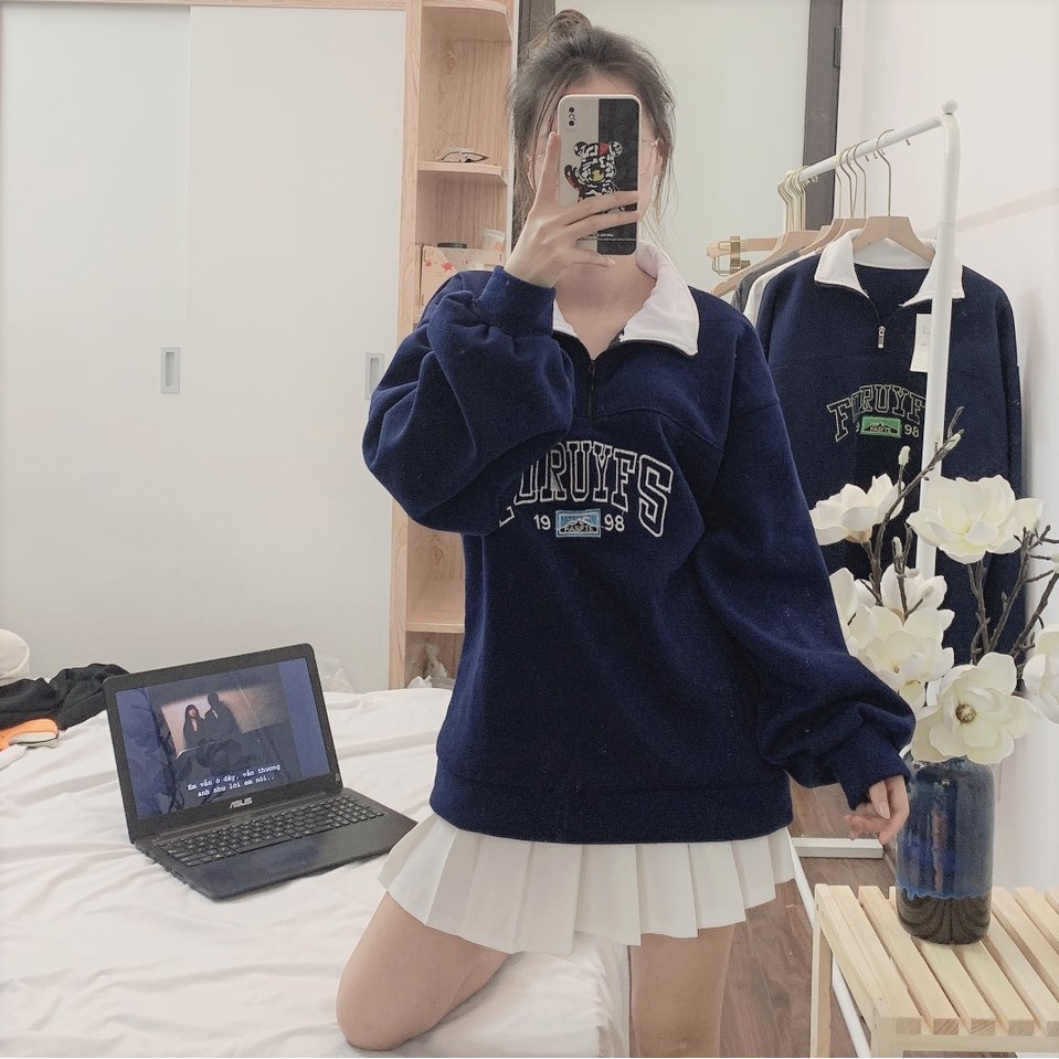 Áo sweater nữ ullzzang nỉ tàu khóa cổ Shynstores vải dày đẹp freeship