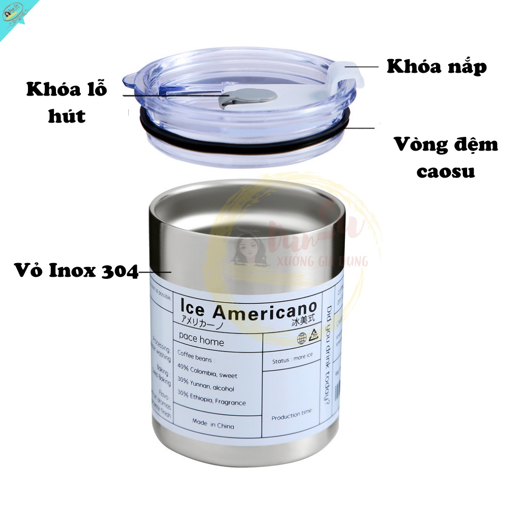 Cốc Nước Giữ Nhiệt Iced Americano 350ML Giữ 6H Mini Ly Giữ Nhiệt Có Ống Hút Ly Uống Coffee Bình Giữ Nhiệt Inox 304 DunSu