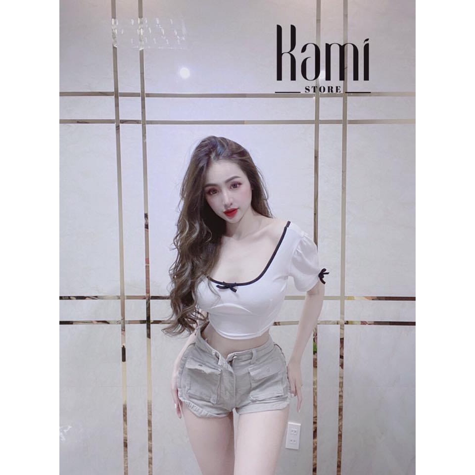 Áo croptop phối đính nơ nhỏ xinh xinh, áo kiểu nữ, áo croptop siêu hot