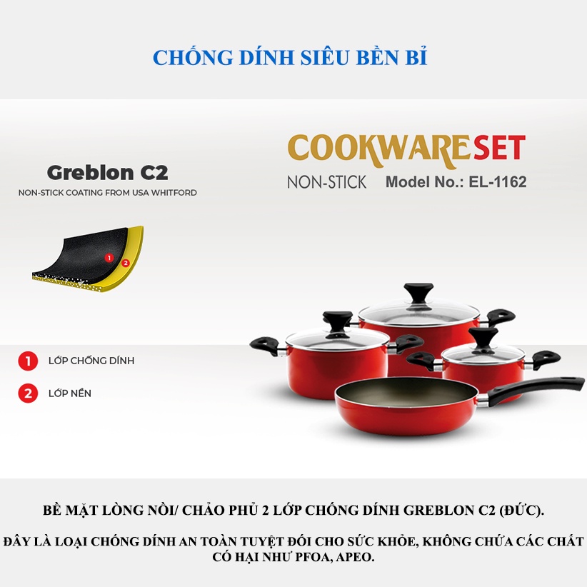Bộ nồi chảo chống dính ELMICH EL-1162 - Hàng chính hãng - Sử dụng được trên bếp từ