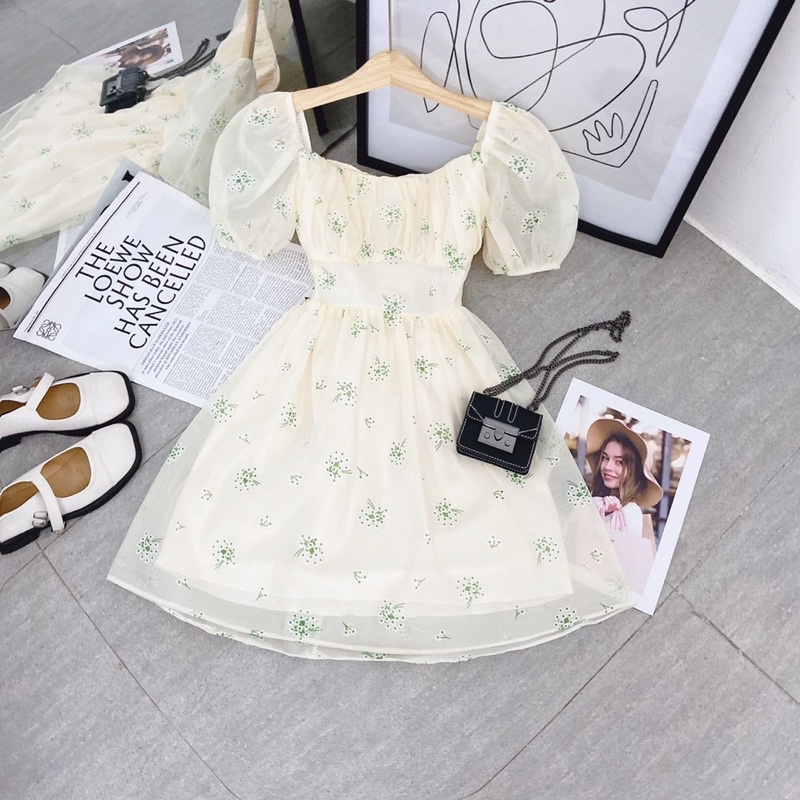 ĐẦM HOA KEM CUT OUT LƯNG THẮT NƠ