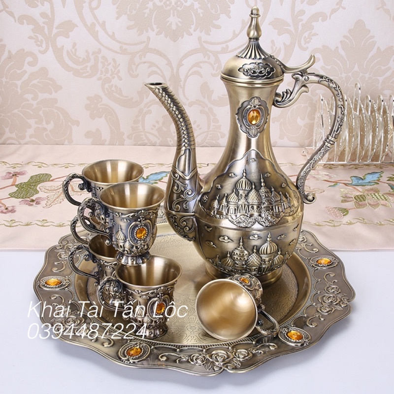 Bộ bình ly rượu đồng kiểu cổ phong cách Ba Tư 8 món