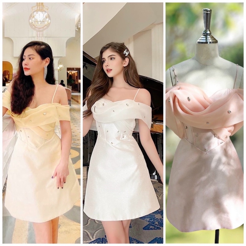 MS1267y ĐẦM NHŨ ÁNH KIM RỚT VAI ĐÍNH ĐÁSMLXl