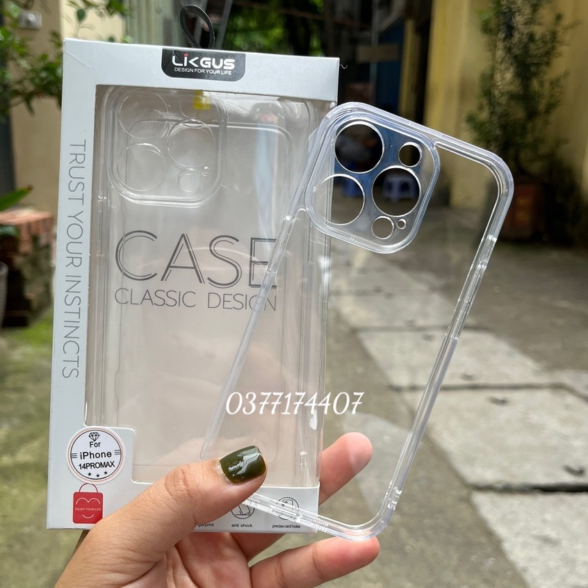 Ốp lưng Likgus trong suốt bảo vệ camera iPhone 14, 14 Pro, 14 Plus, 14 Pro Max chống sốc không ố màu