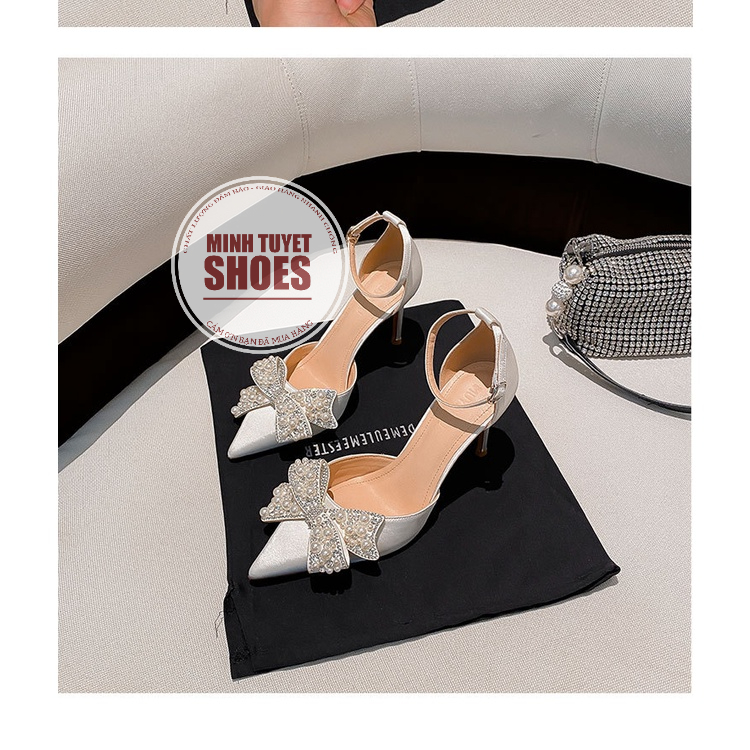 giày cao gót nữ mintuyetshoes mũi nhọn đế nhọn 7cm đính nơ đá xoàn mẫu mới mang đi tiệc đi chơi
