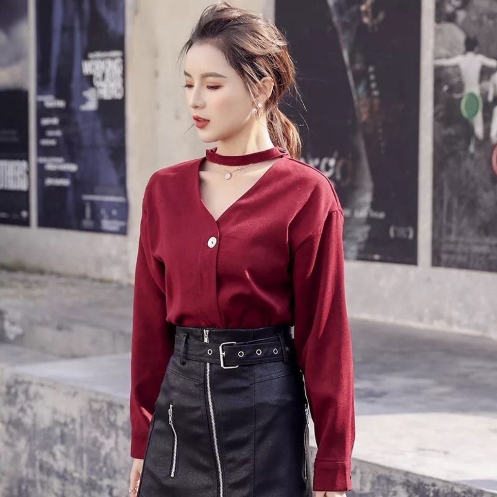 Áo sơ mi công sở dài tay màu đỏ đô Hàn Quốc Hulian Fashion