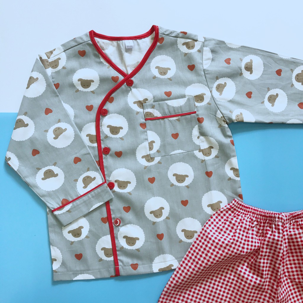 Pijama dài cho bé vải cotton hút mồ hôi - Cừu phối caro đỏ 10-45kg