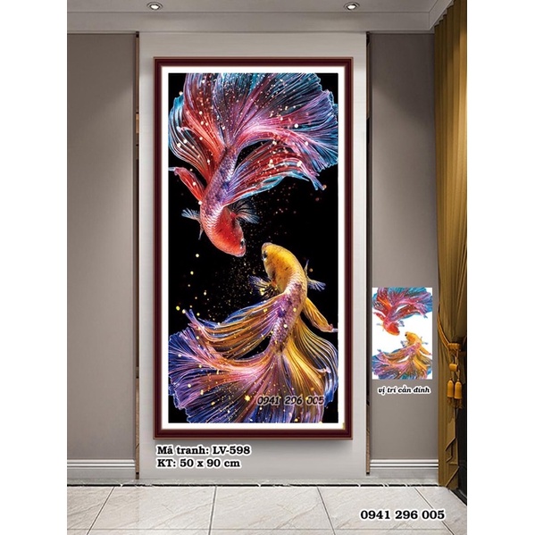Tranh Đôi Cá Phú Quý: tranh đính đá LV598- Tranh thêu E59, LV3556 (50x90cm ) - Tranh chưa làm, chưa khung