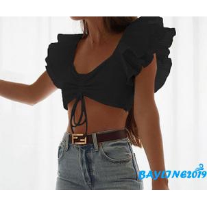 Áo Croptop Cổ Hở Lớn Tay Áo Nhún Bèo Nhiều Lớp Màu Trơn Gợi Cảm Thời Trang Cho Phụ Nữ