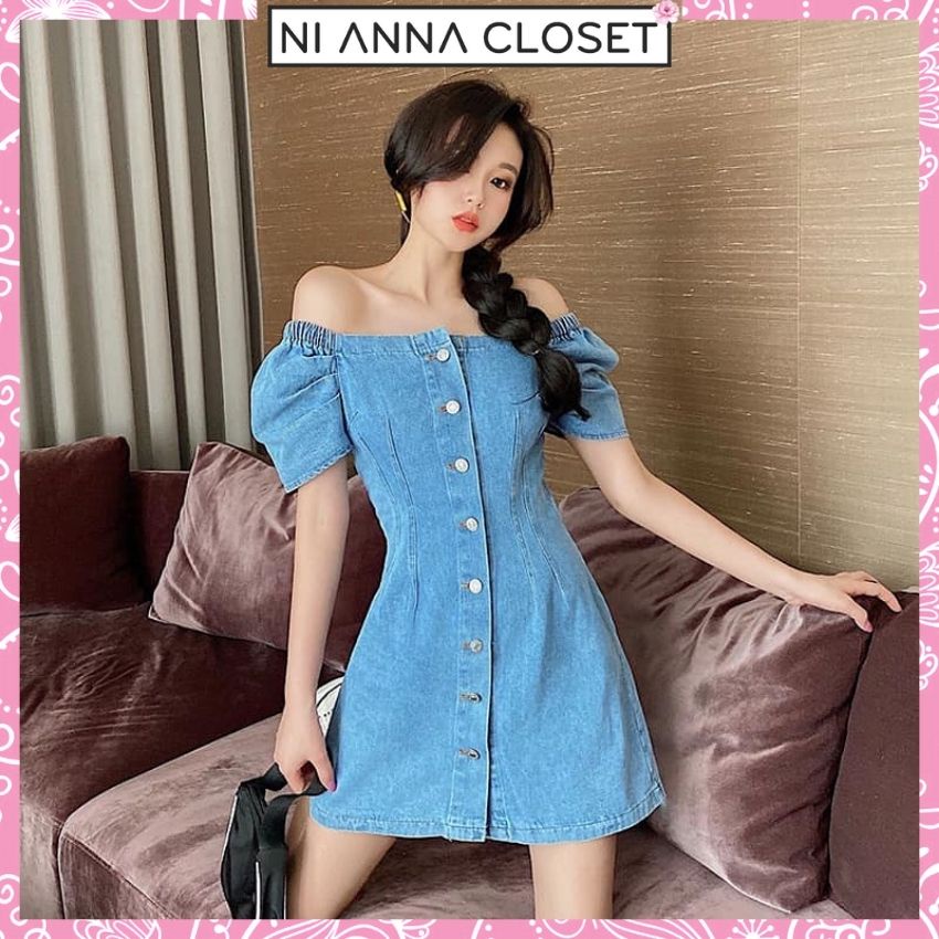 Đầm Jean Chữ A Tay Phồng Váy Jeans Tay Bồng Dáng Suông Trễ Vai NI048 Ni Anna Closet