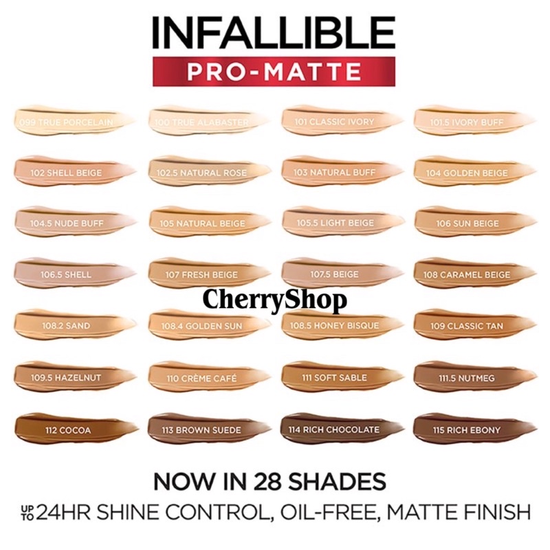 Kem nền mịn lì, lâu trôi Loreal Paris Infallible Pro-Matte Liquid Longwear Foundation Makeup