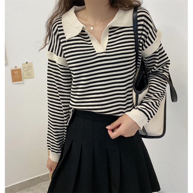 SUXI Áo Dệt Kim Tay Dài Dáng Rộng Kẻ Sọc Kiểu Hàn Quốc Thời Trang Mùa Thu Cho Nữ