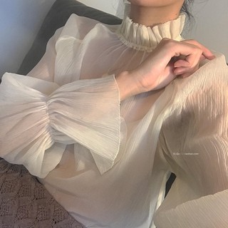 (ORDER) Áo voan nữ tay thun xòe phổng cổ cao tiểu thư Hàn Quốc Vintage - Có ảnh thật