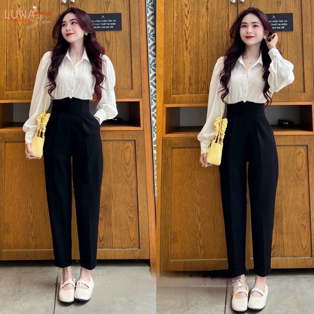 Quần tây Baggy nữ lưng cao cạp V, Quần Baggy nữ dáng công sở khóa sườn màu đen tuyết mưa cao cấp Okélla